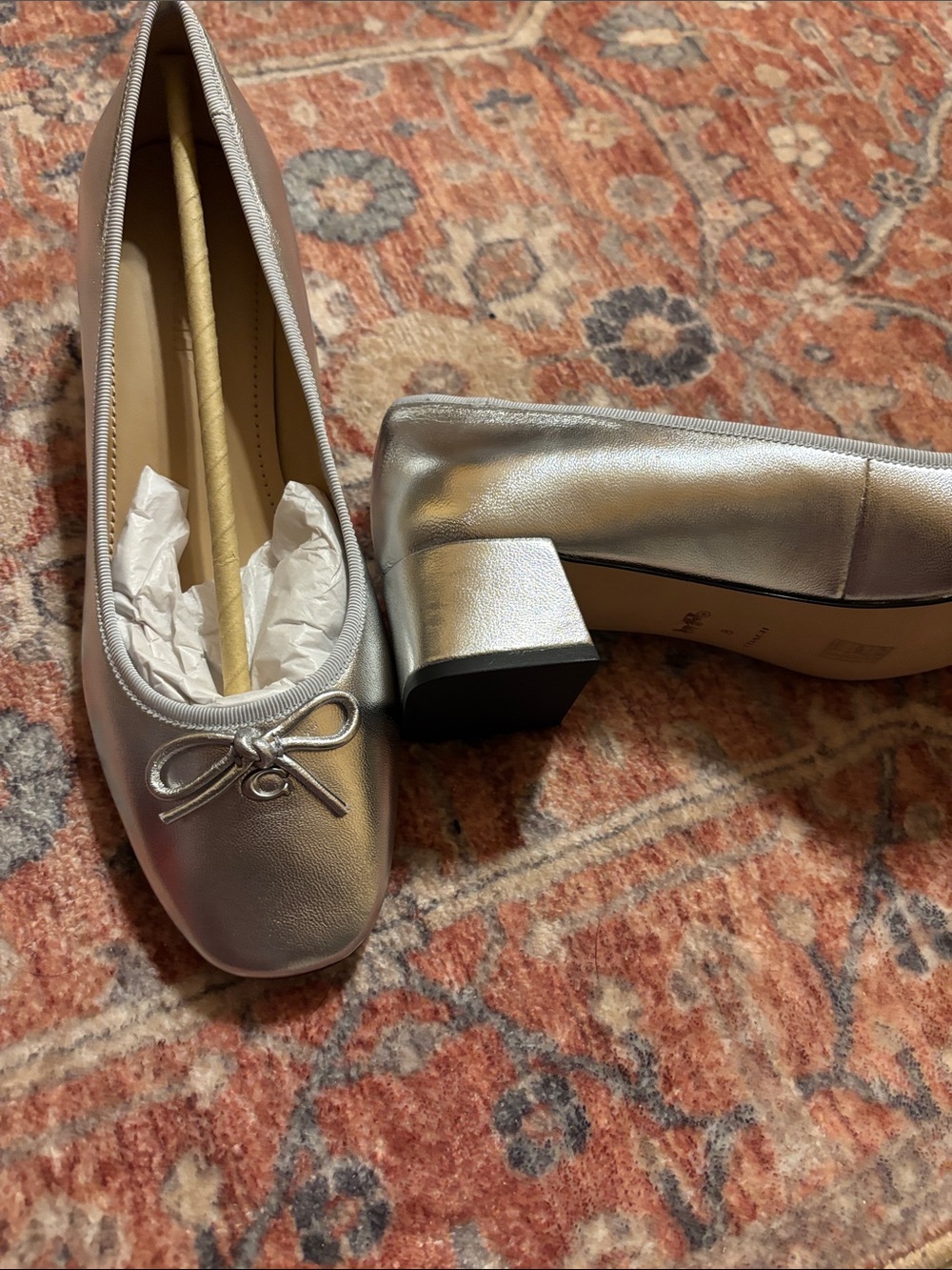 Coach Metallic Silver Low Block Heel Ballet Flats with Bow - Picture 3 of 4